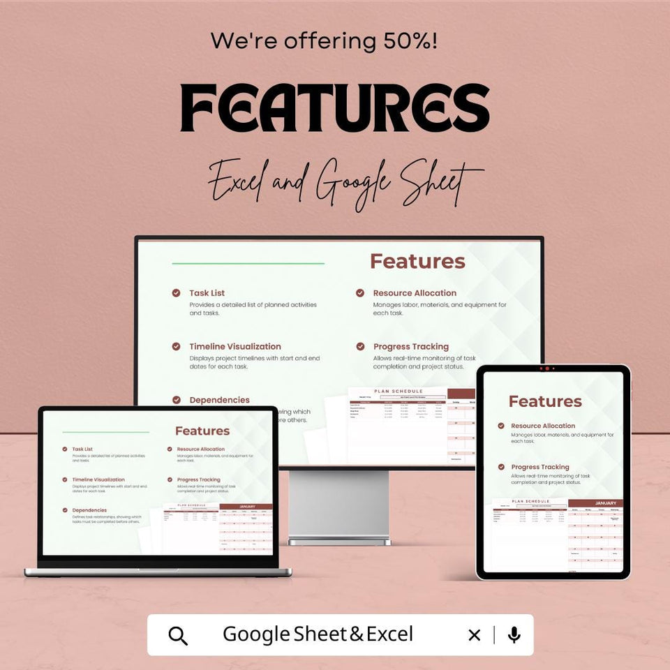 Plan Schedule Sheet - Monthly Project Planner | Google Sheets & Excel Template | Task List, Resource Allocation, Timeline Tracker | 50% OFF