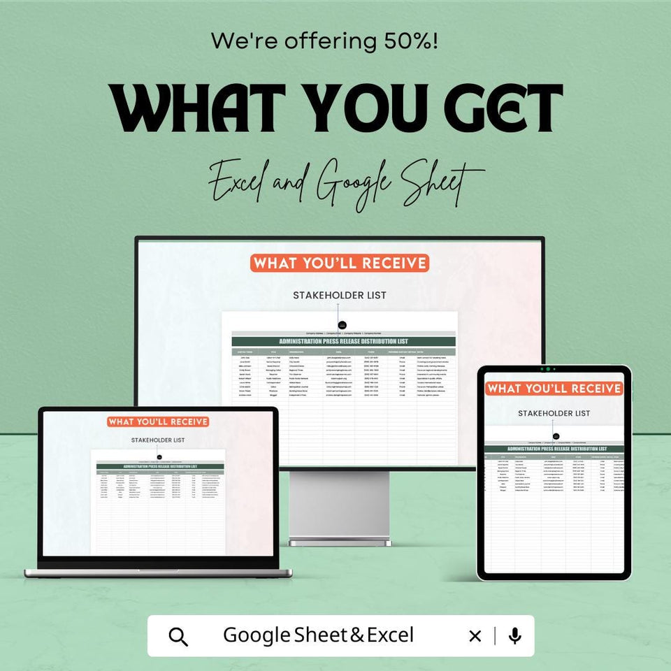 Administration Press Release Distribution List | Excel & Google Sheets Template | Media Contact Tracker | Editable Stakeholder List
