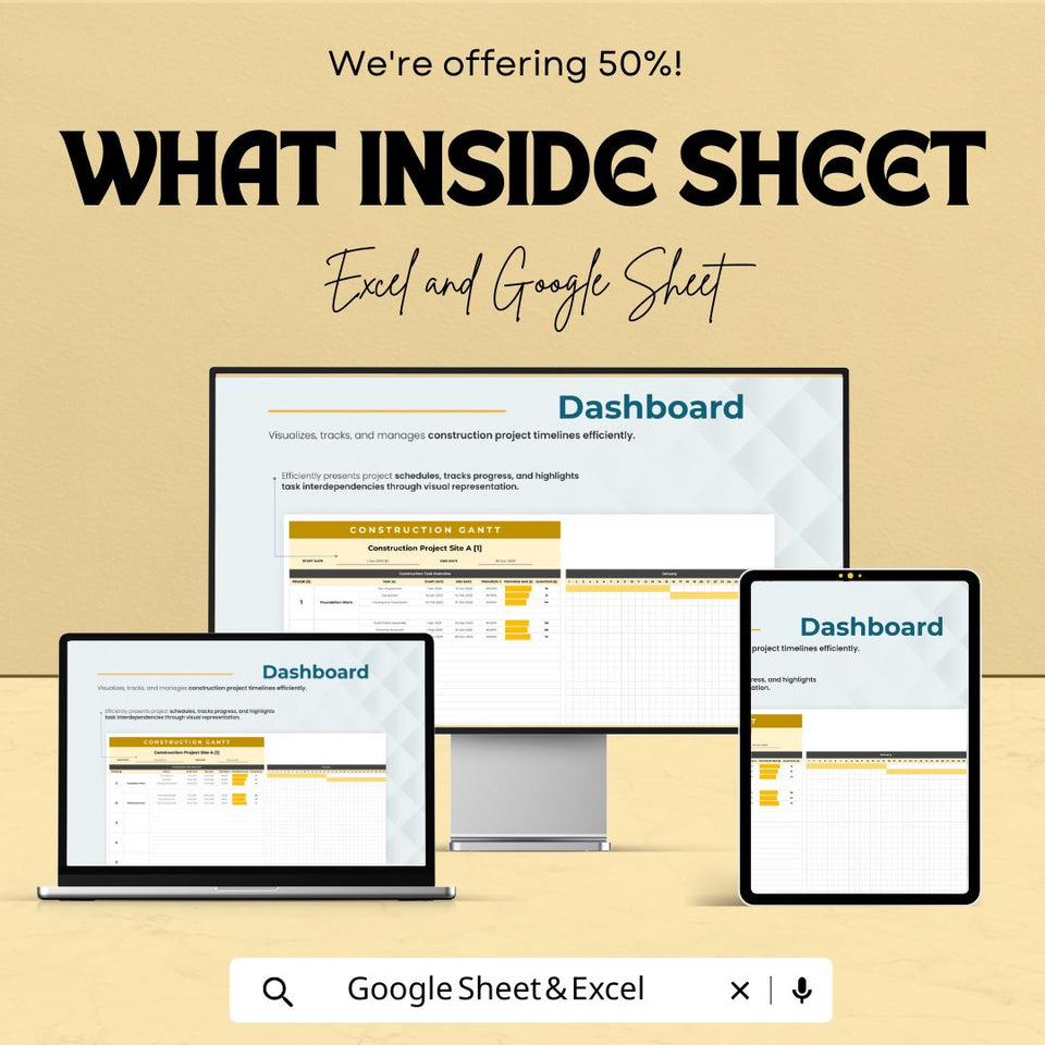 Construction Gantt Chart Sheet | Project Management Excel & Google Sheet | Task Scheduling, Timeline Visualization, Builder Schedule