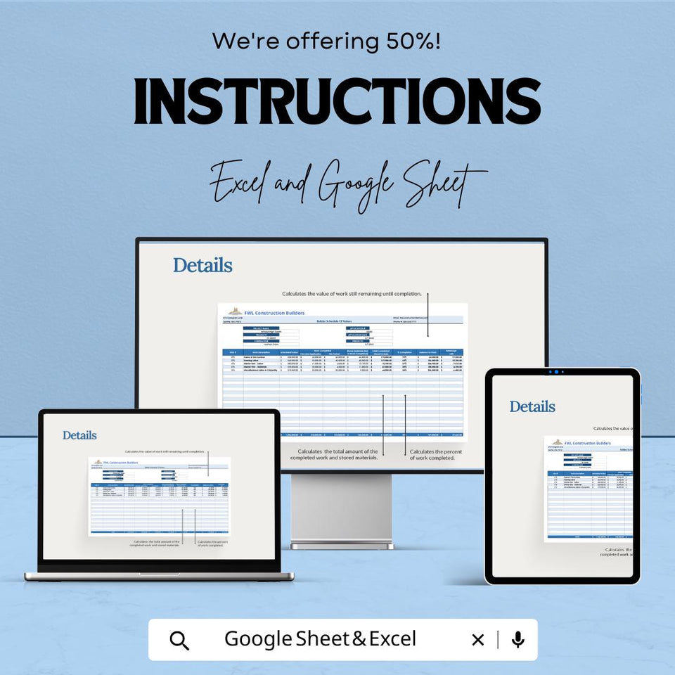 Builder Schedule of Values Sheet | Construction Project Management Template | Excel & Google Sheets | 50% Off