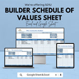Builder Schedule of Values Sheet | Construction Project Management Template | Excel & Google Sheets | 50% Off