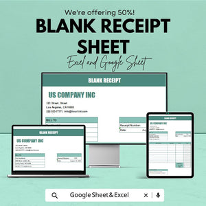 Blank Receipt Sheet for Excel & Google Sheets – Customizable Template | Digital Download – 50% OFF