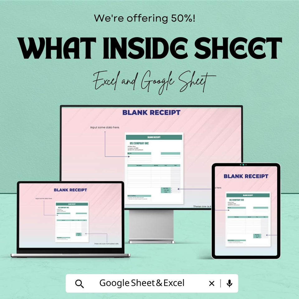 Blank Receipt Sheet for Excel & Google Sheets – Customizable Template | Digital Download – 50% OFF