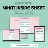 Blank Receipt Sheet for Excel & Google Sheets – Customizable Template | Digital Download – 50% OFF