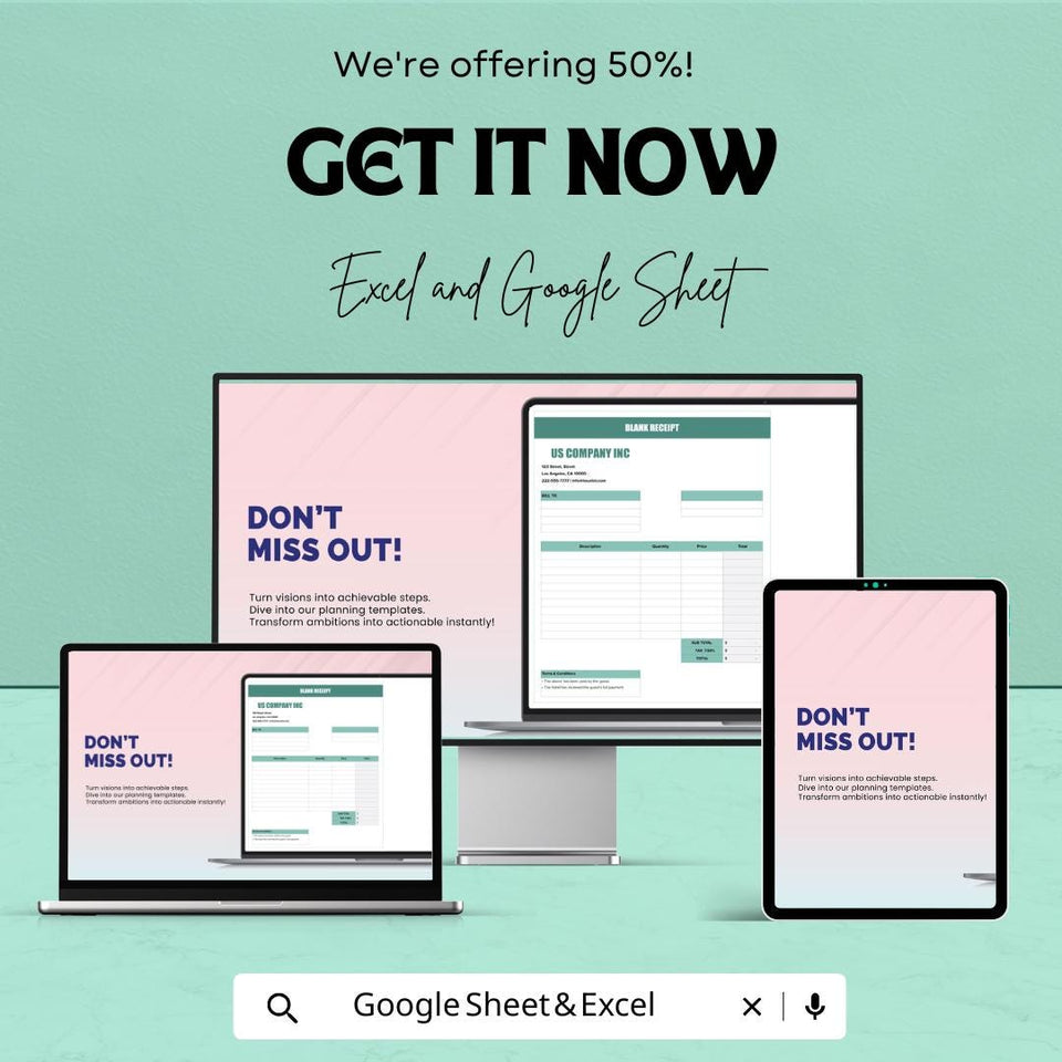 Blank Receipt Sheet for Excel & Google Sheets – Customizable Template | Digital Download – 50% OFF
