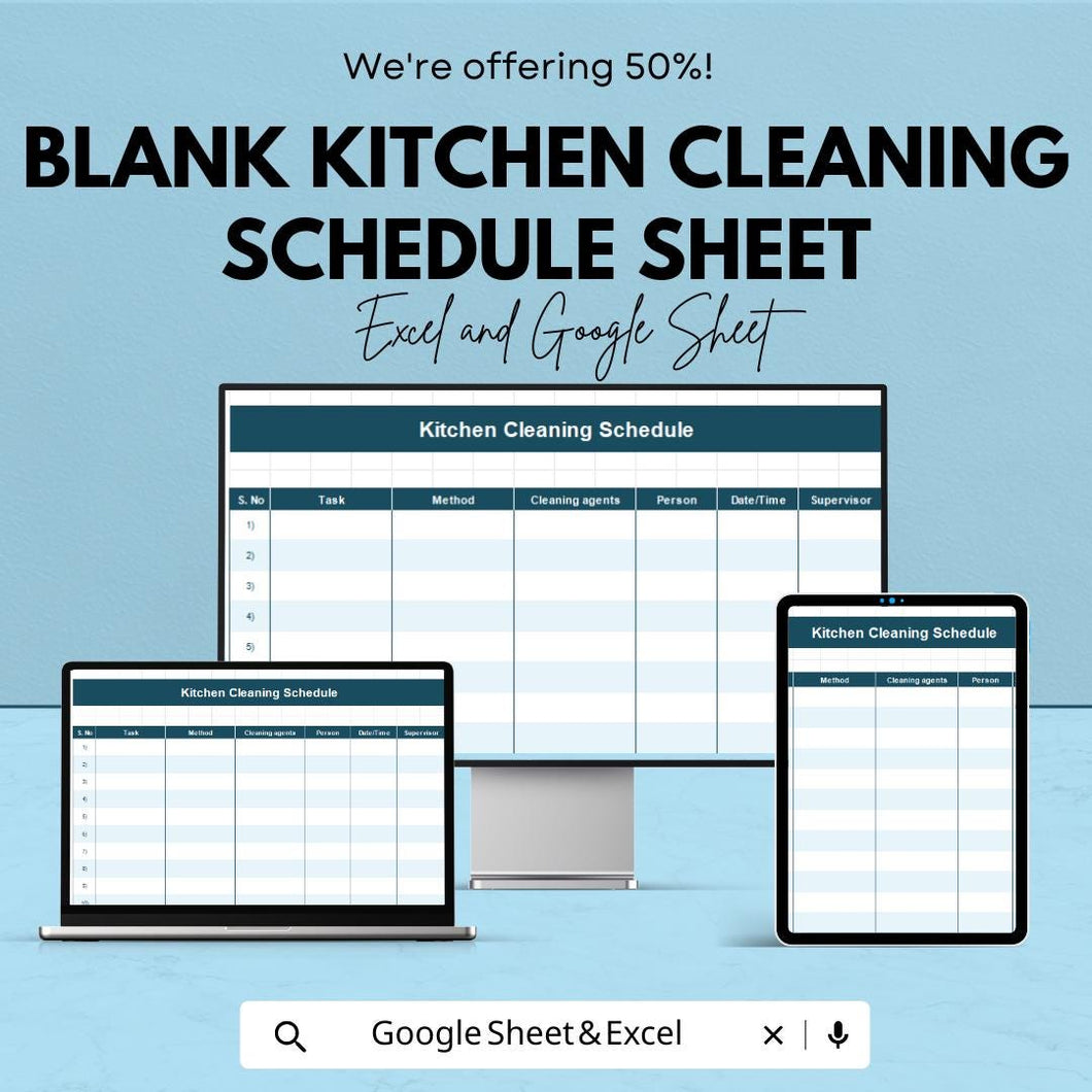Blank Kitchen Cleaning Schedule Sheet | Task Management Template | Excel & Google Sheets | 50% Off