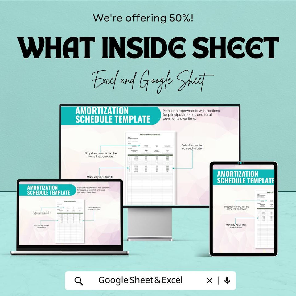 Amortization Schedule Sheet | Loan Repayment Tracker | Excel & Google Sheets | Financial Planning Template | 50% Off