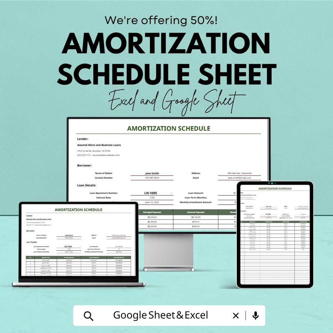 Amortization Schedule Sheet | Loan Repayment Tracker | Excel & Google Sheets | Financial Planning Template | 50% Off
