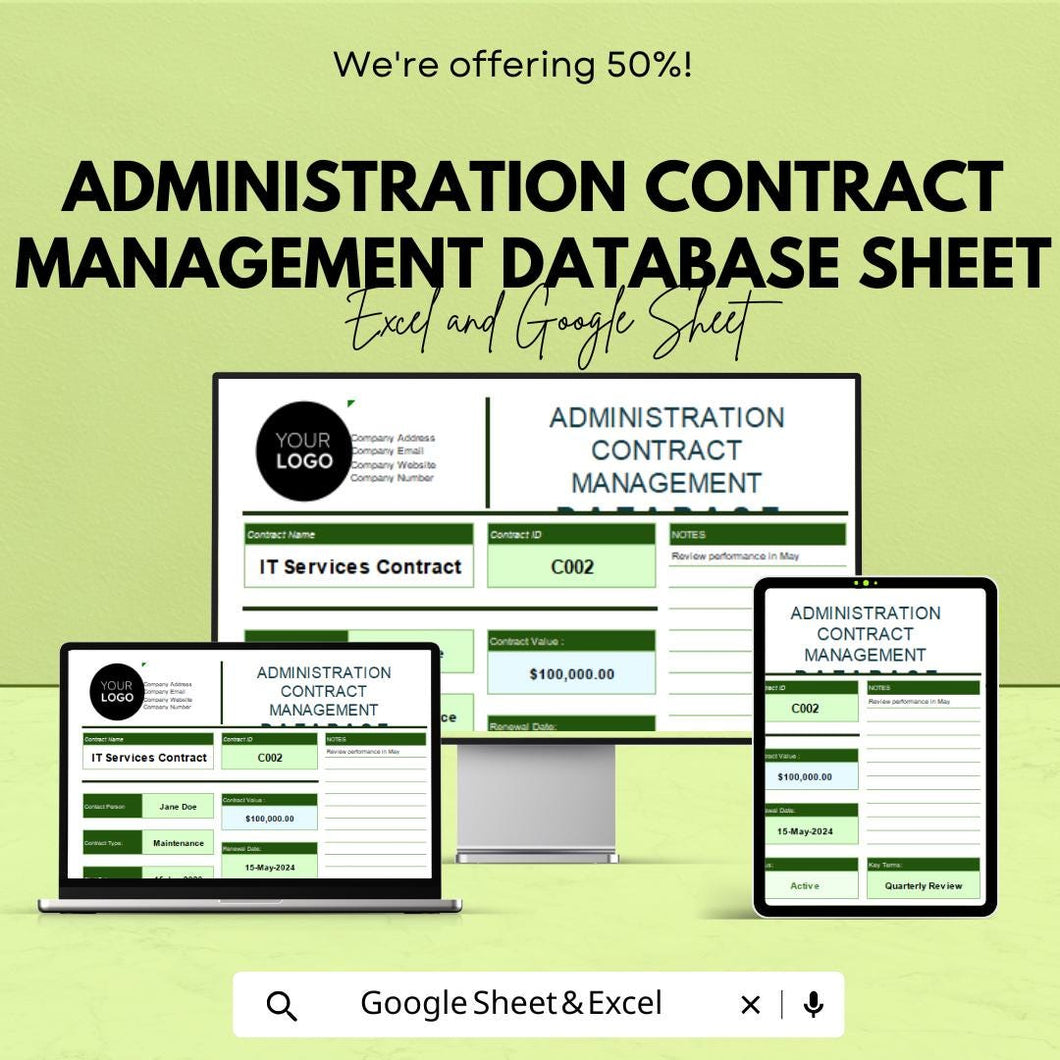 Administration Contract Management Database Sheet – Excel & Google Sheets – Contract Tracking, Renewal Reminders, and Compliance Tool