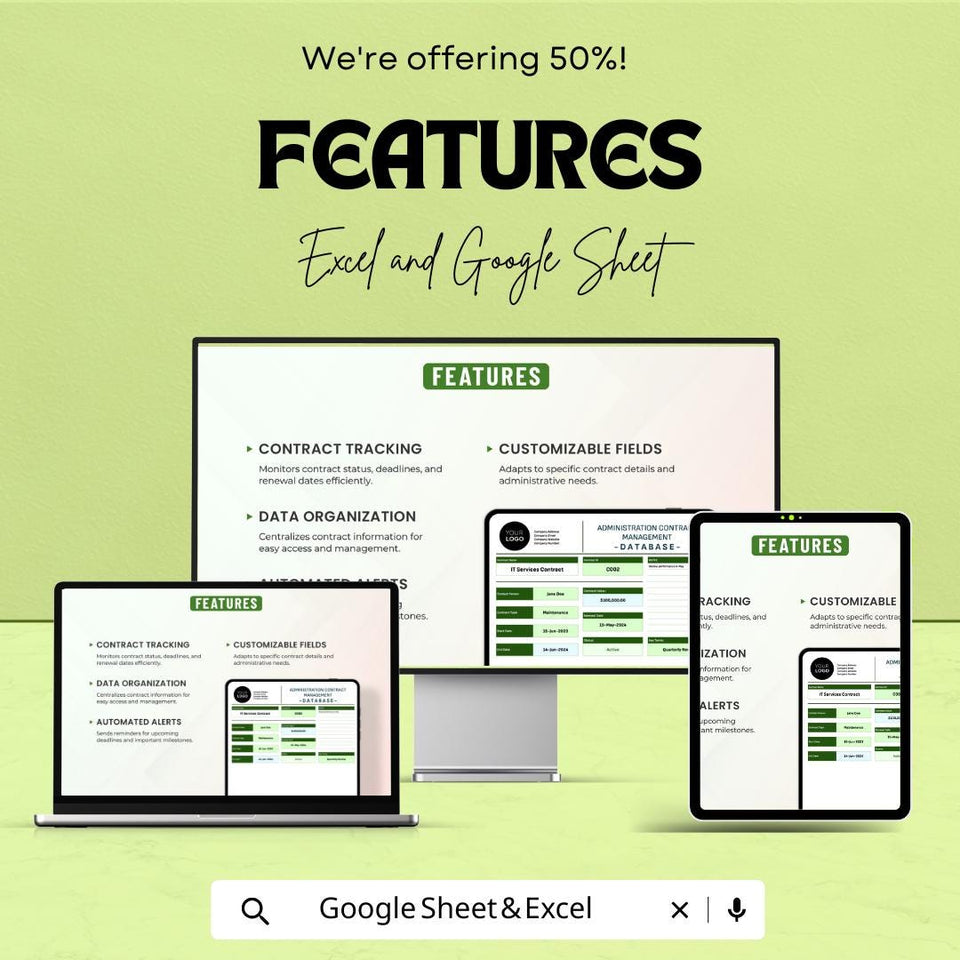 Administration Contract Management Database Sheet – Excel & Google Sheets – Contract Tracking, Renewal Reminders, and Compliance Tool