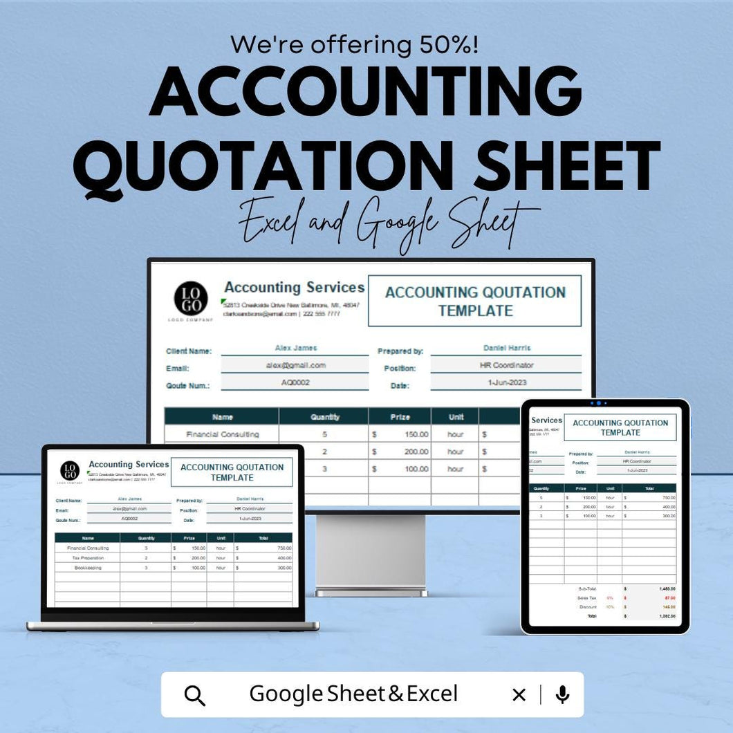 Accounting Quotation Template | Google Sheets & Excel | Business Estimate Form | Client Pricing Sheet | Editable Service Quote