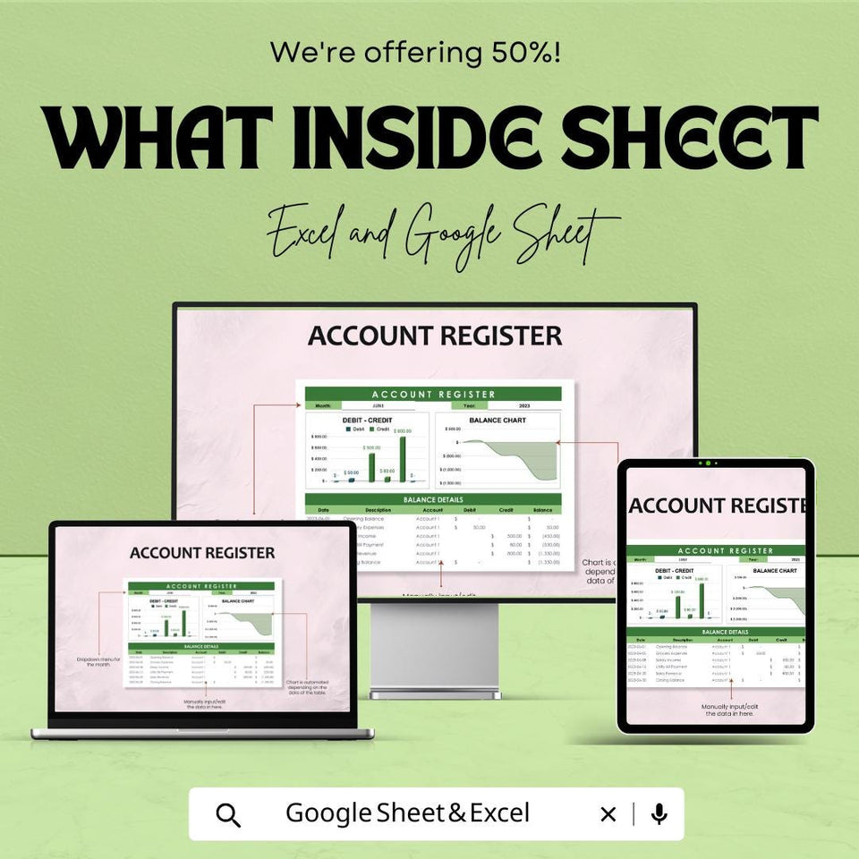 Account Register Sheet | Excel & Google Sheets Finance Tracker | Debit Credit Log | Balance Chart Template | Digital Ledger