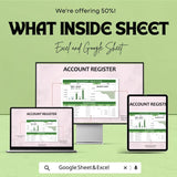 Account Register Sheet | Excel & Google Sheets Finance Tracker | Debit Credit Log | Balance Chart Template | Digital Ledger