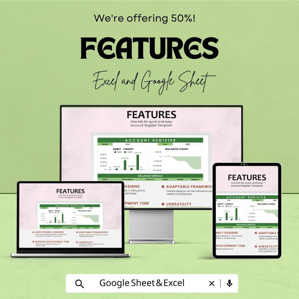Account Register Sheet | Excel & Google Sheets Finance Tracker | Debit Credit Log | Balance Chart Template | Digital Ledger
