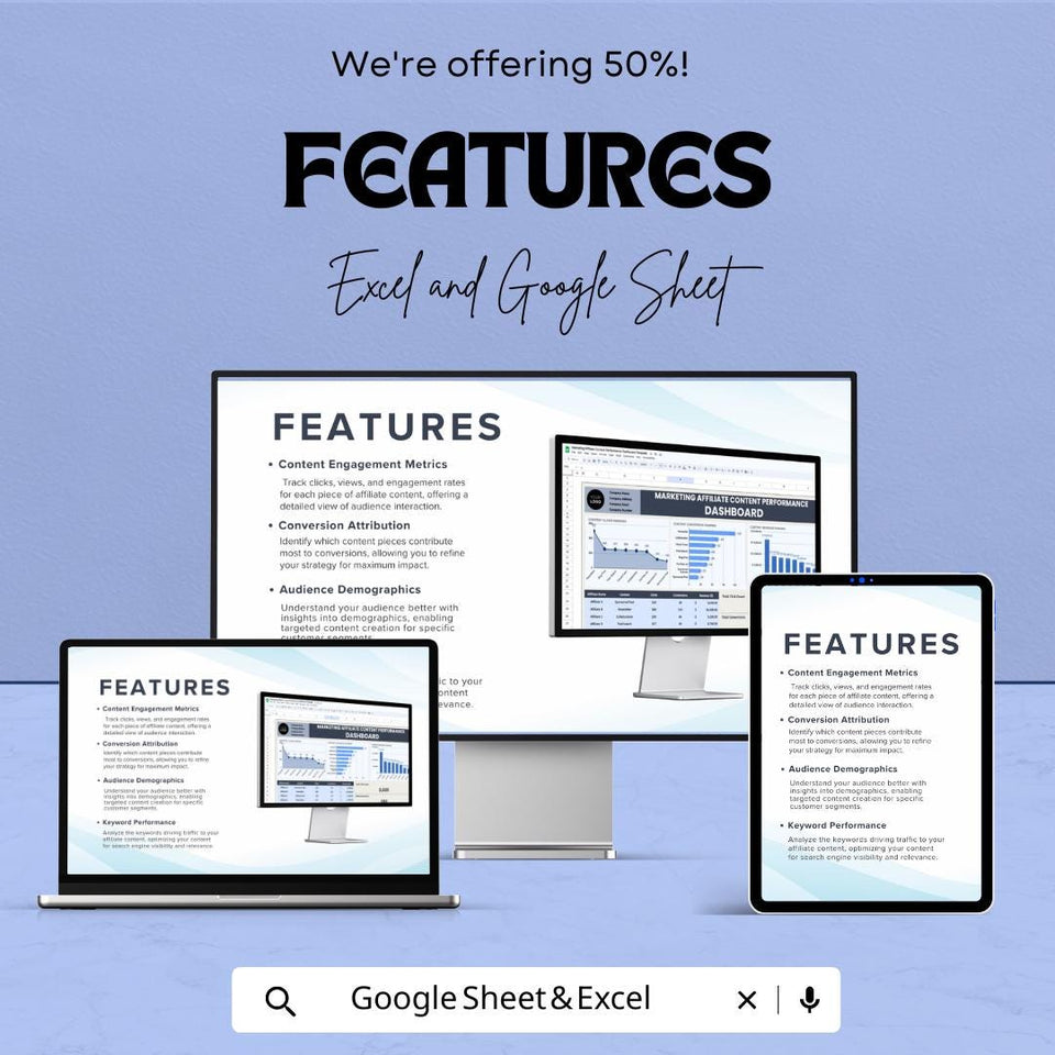 Marketing Affiliate Content Performance Dashboard | Track Clicks, Conversions and Revenue | Excel & Google Sheets | Digital Analytics Sheet
