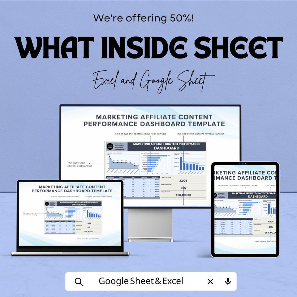 Marketing Affiliate Content Performance Dashboard | Track Clicks, Conversions and Revenue | Excel & Google Sheets | Digital Analytics Sheet