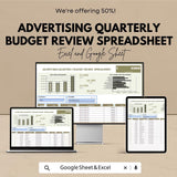 Advertising Budget Review Spreadsheet | Quarterly Marketing ROI Tracker | Excel & Google Sheet Template | Digital Download