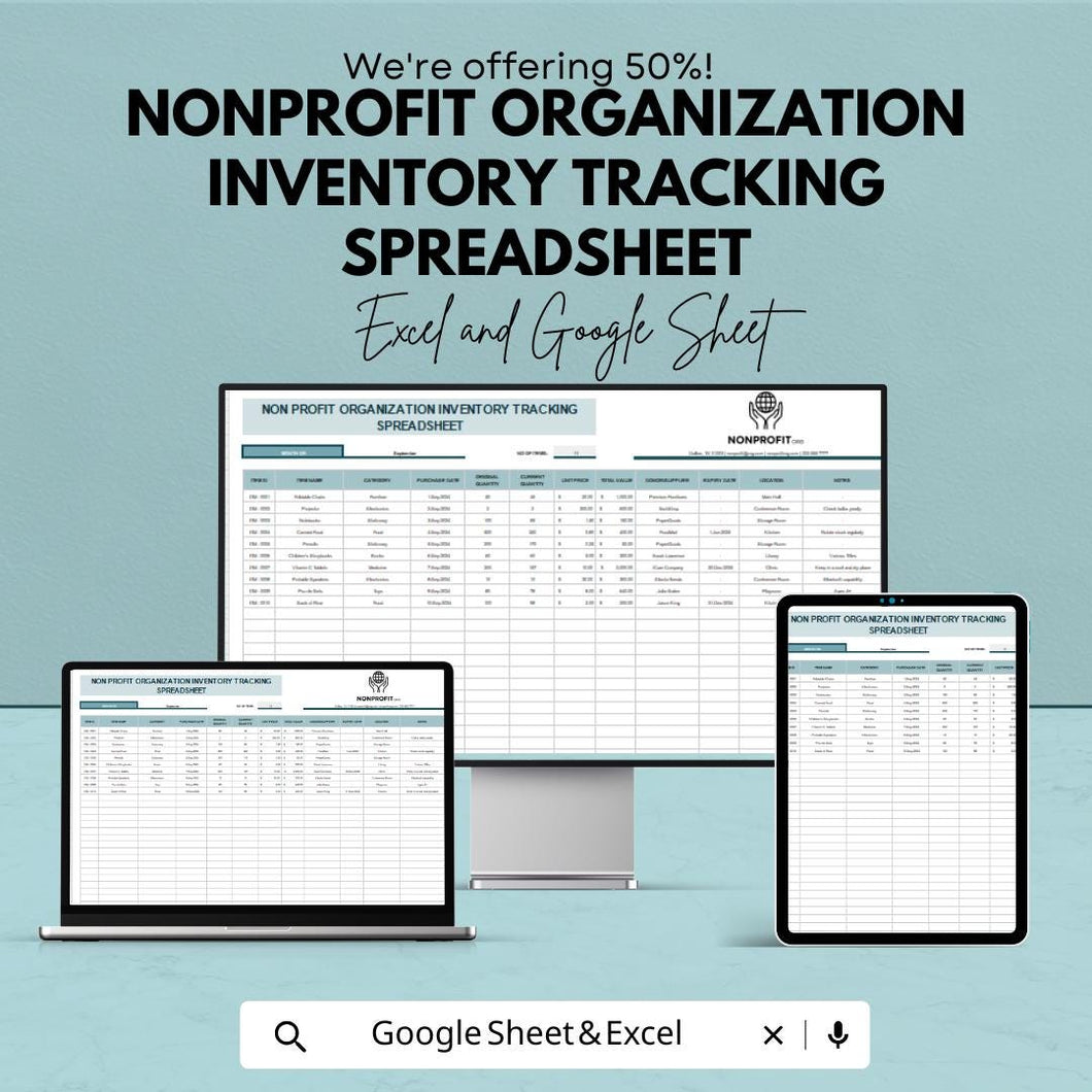 Nonprofit Organization Inventory Tracking Spreadsheet - Excel & Google Sheets Template for Resource Management
