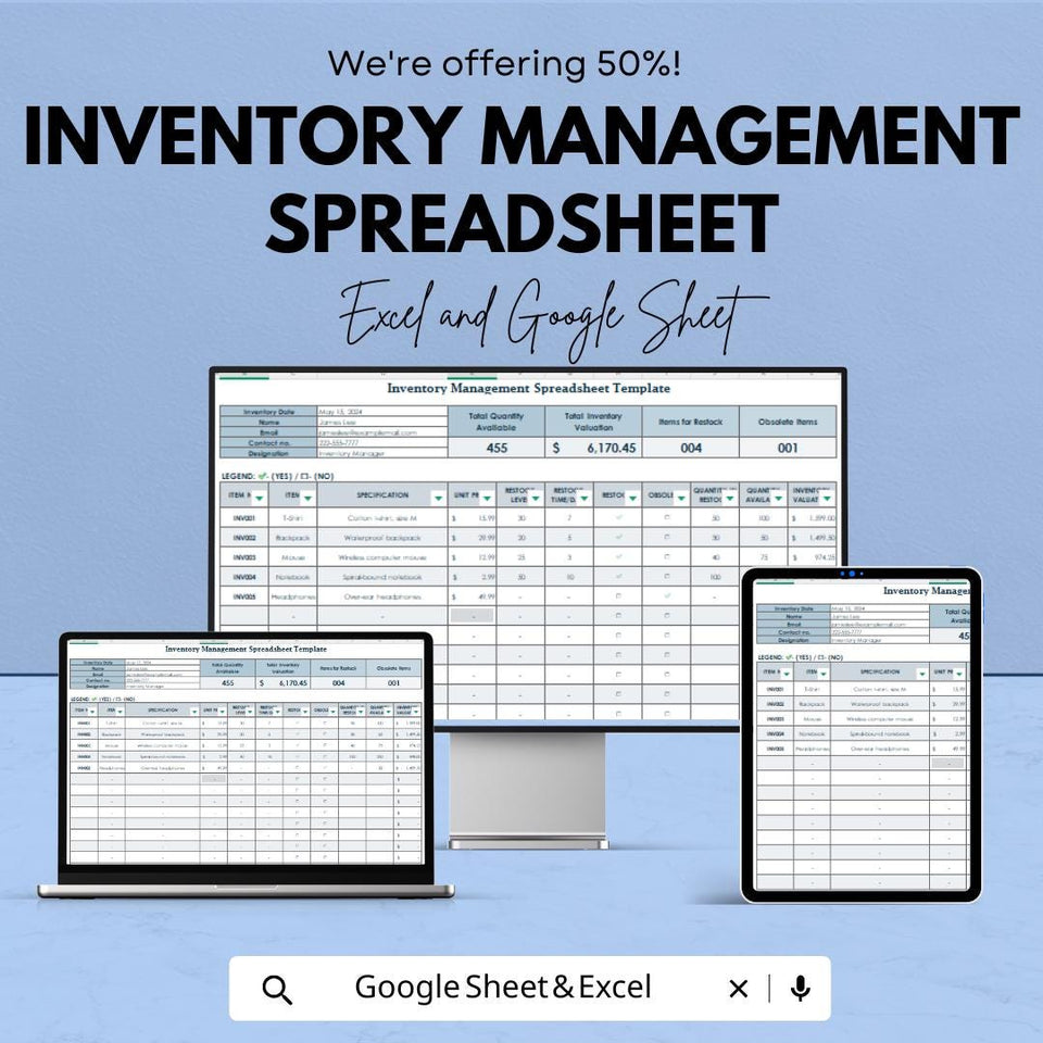 Inventory Management Spreadsheet | Excel and Google Sheets Template for Stock Tracking | Business & Product Inventory | Easy-to-Use |