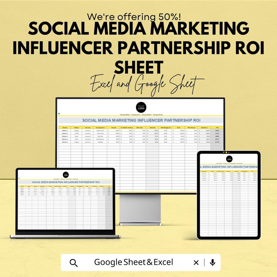 Social Media Marketing Influencer Partnership ROI Sheet – Excel & Google Sheets Template – Track Influencer Performance – Marketing Tool