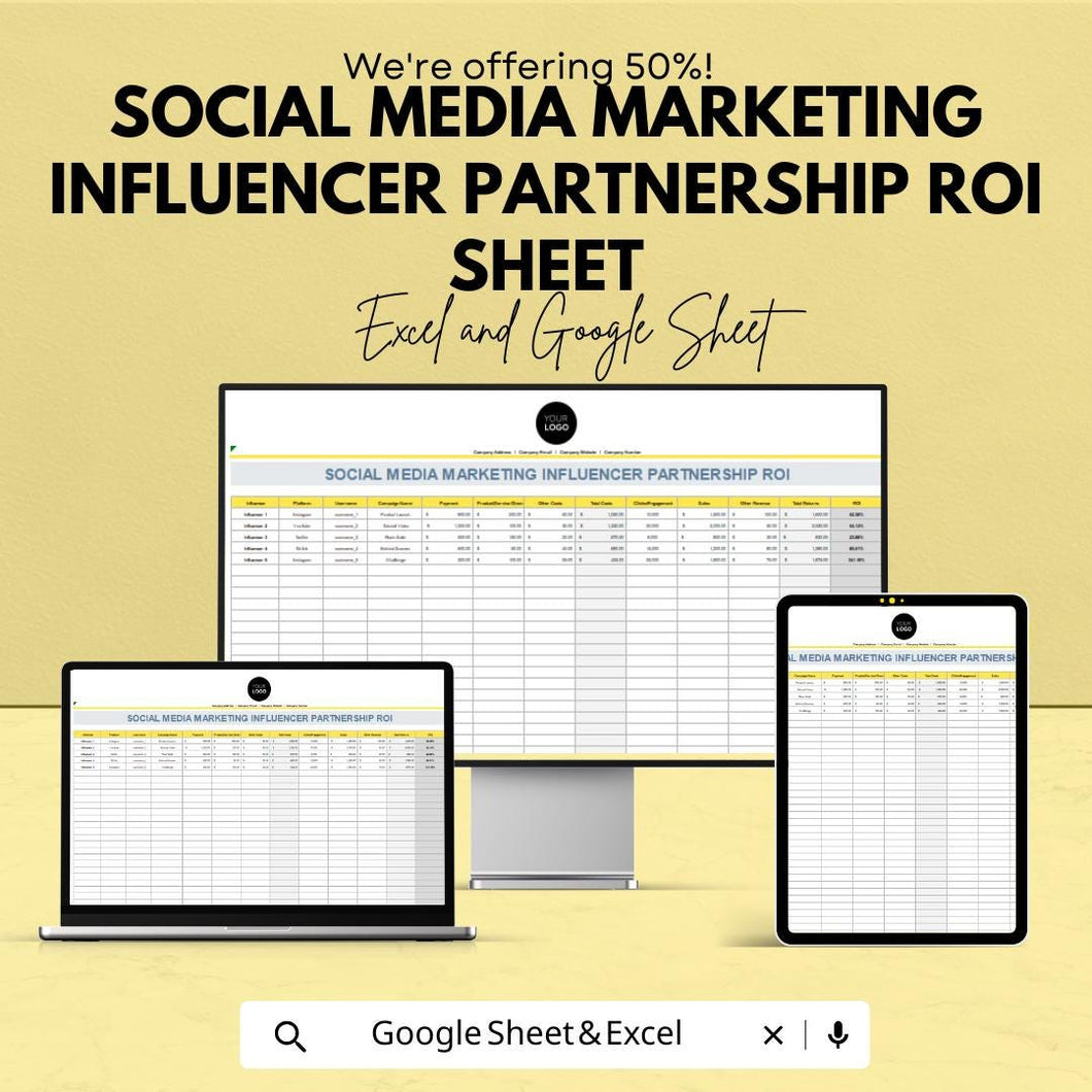 Social Media Marketing Influencer Partnership ROI Sheet – Excel & Google Sheets Template – Track Influencer Performance – Marketing Tool