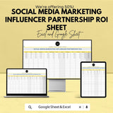 Social Media Marketing Influencer Partnership ROI Sheet – Excel & Google Sheets Template – Track Influencer Performance – Marketing Tool