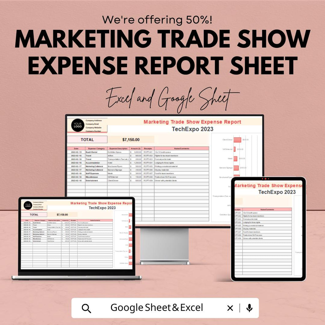 Marketing Trade Show Expense Report Sheet | Budget Tracker for Events | Excel and Google Sheet | Customizable Template for Exhibitors |