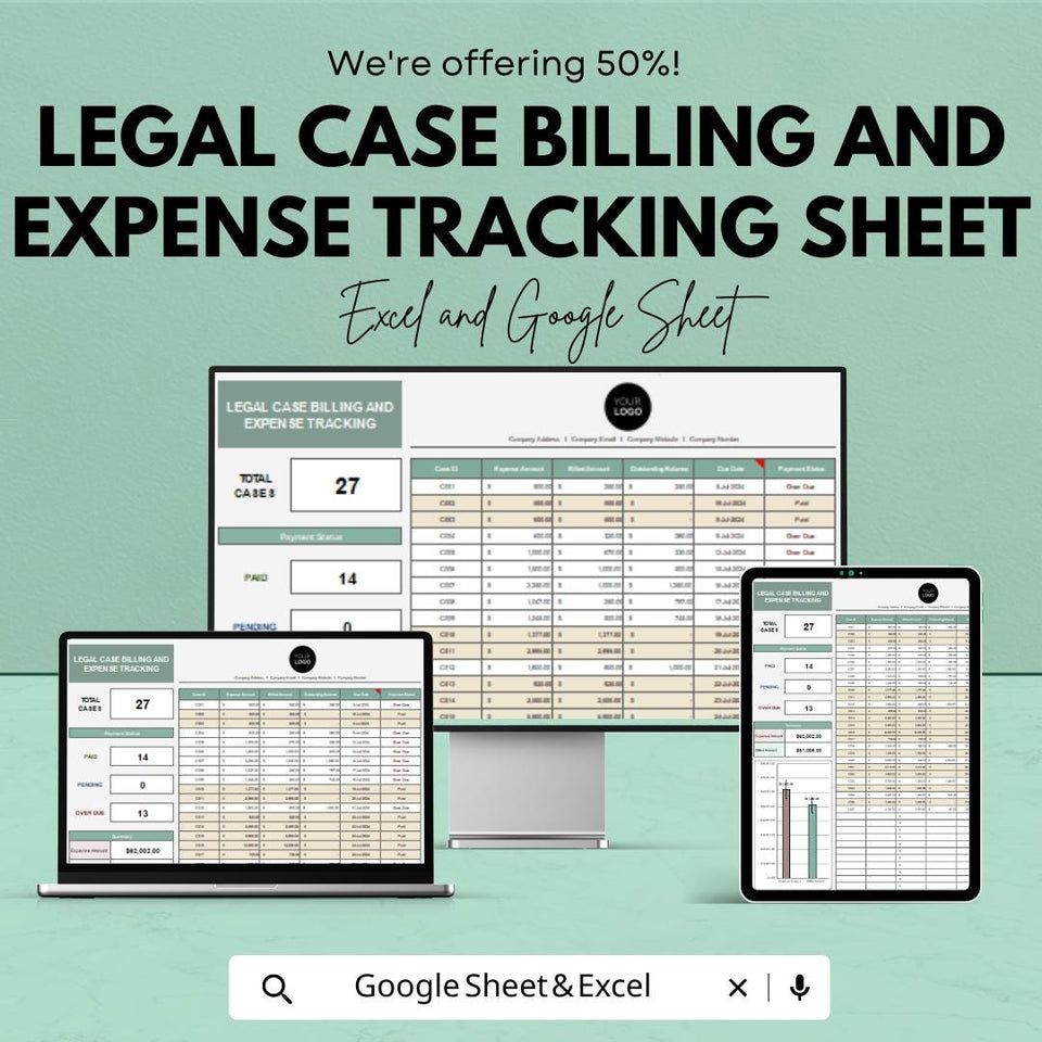 Legal Case Billing and Expense Tracking Sheet | Legal Finance Template | Excel & Google Sheets | Law Firm Billing Tracker