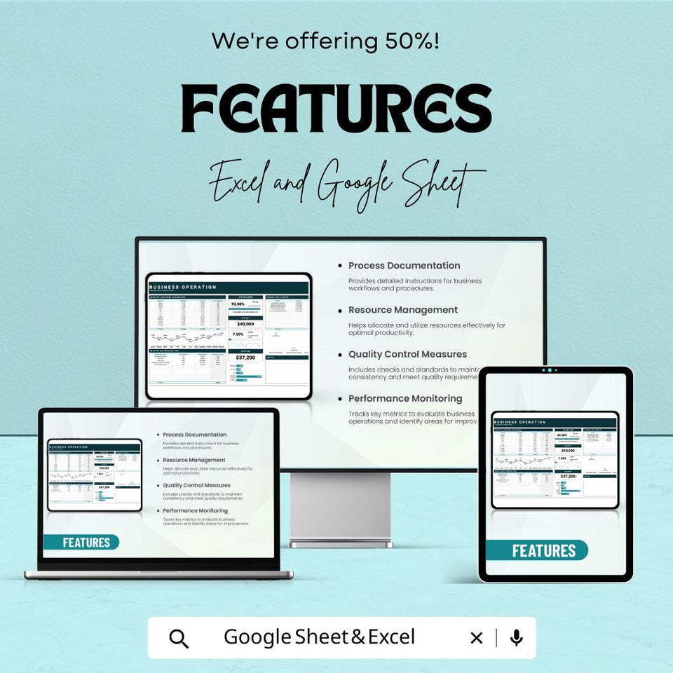 Business Operation Template - Excel & Google Sheets - Streamline Operations, Track Expenses, and Improve Efficiency - 50% Off