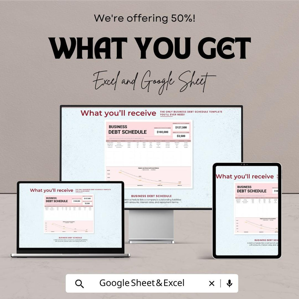 Business Debt Schedule Template - Excel & Google Sheets - Track Loan Payments and Debt Management - 50% Off