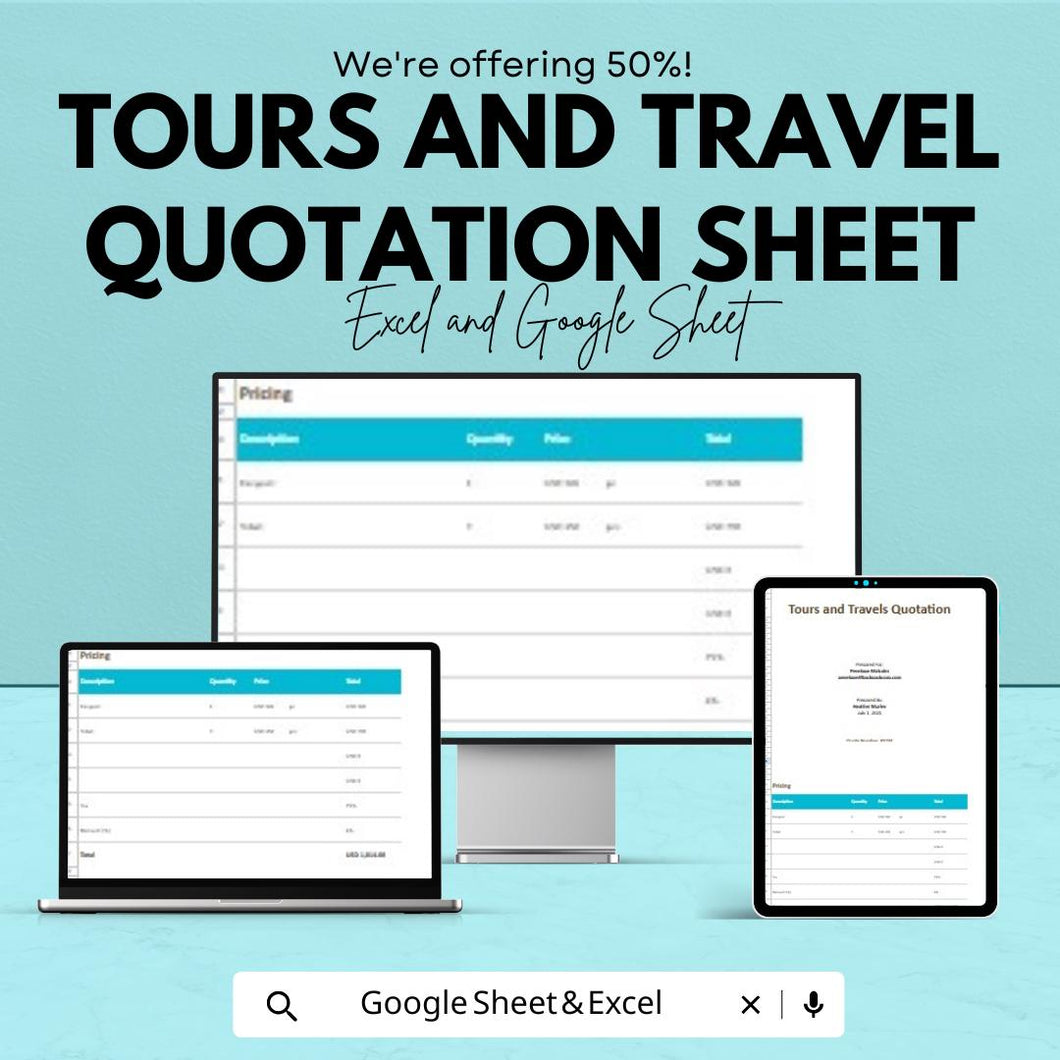 Tours and Travel Quotation Sheet - Excel & Google Sheets Template for Pricing and Invoicing - 50% OFF