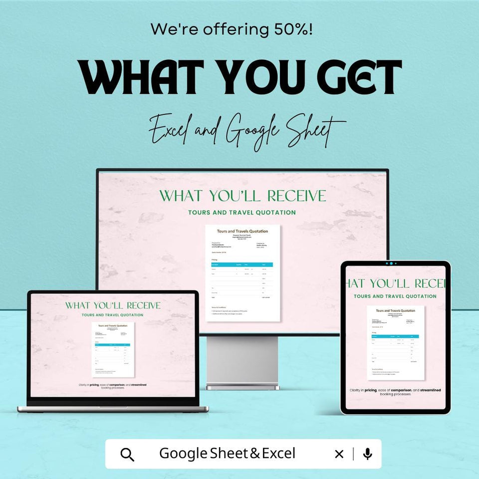 Tours and Travel Quotation Sheet - Excel & Google Sheets Template for Pricing and Invoicing - 50% OFF