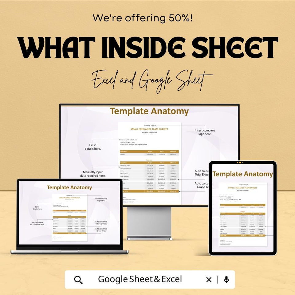 Small Freelance Team Budget Sheet - Excel and Google Sheets Template | Track Expenses & Finances for Your Team | 50% Off