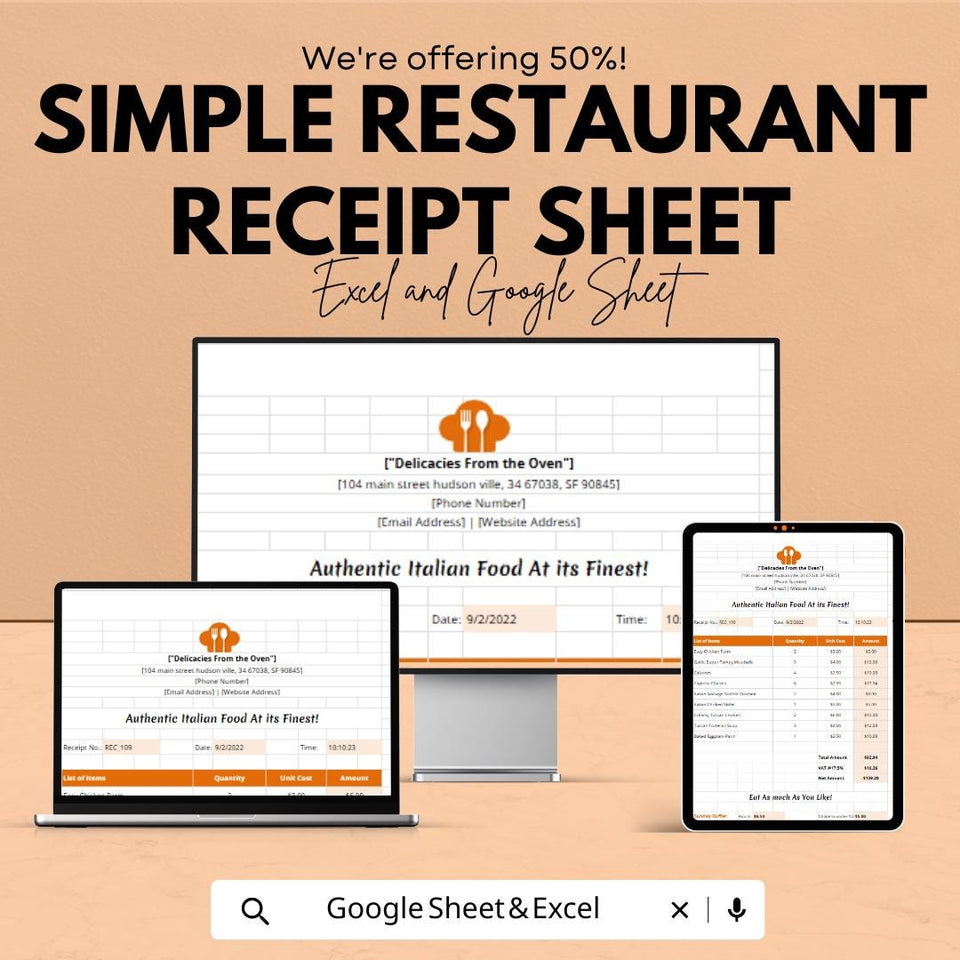 Simple Restaurant Receipt Sheet - Editable Excel & Google Sheet Template for Restaurant Orders and Transactions