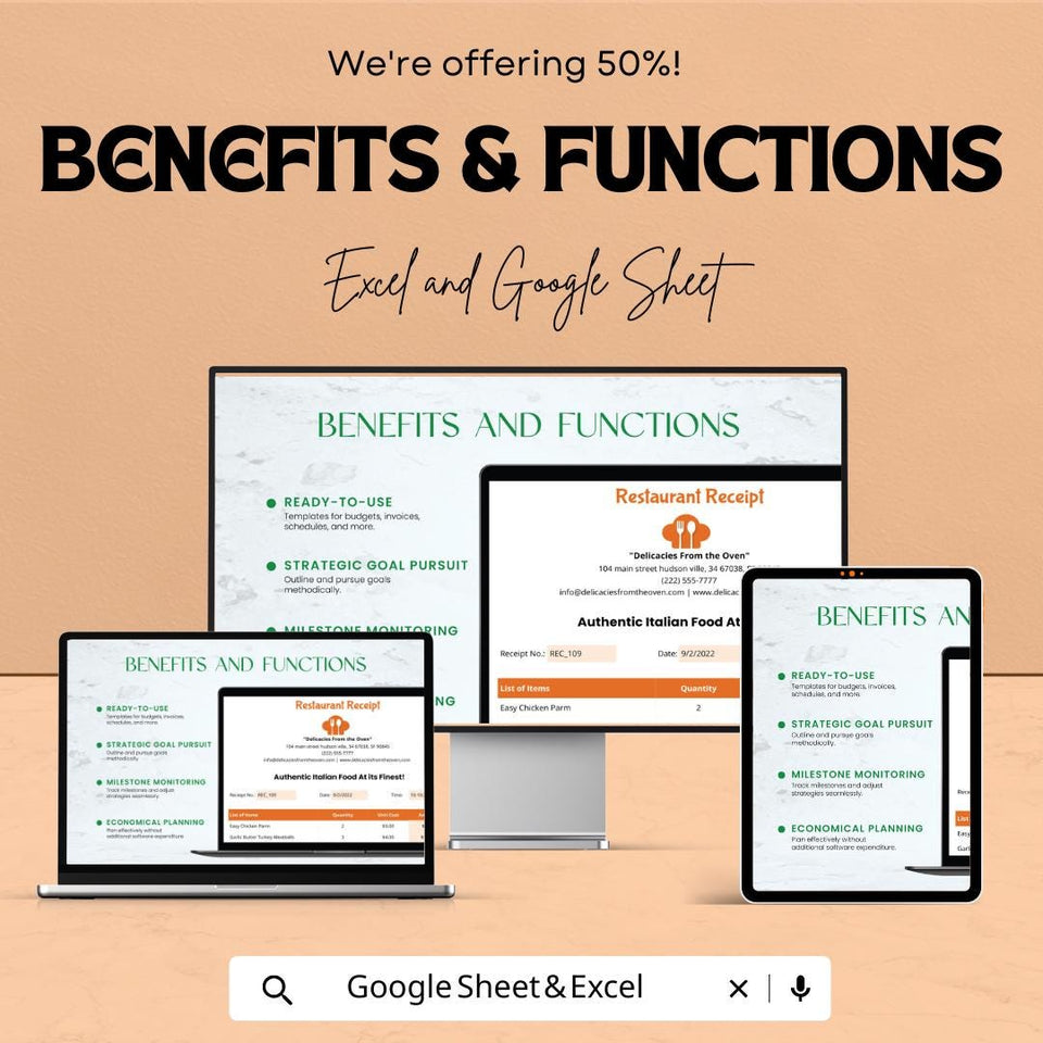 Simple Restaurant Receipt Sheet - Editable Excel & Google Sheet Template for Restaurant Orders and Transactions