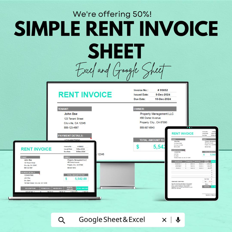 Simple Rent Invoice Sheet | Excel & Google Sheets Template | Rent Billing Template