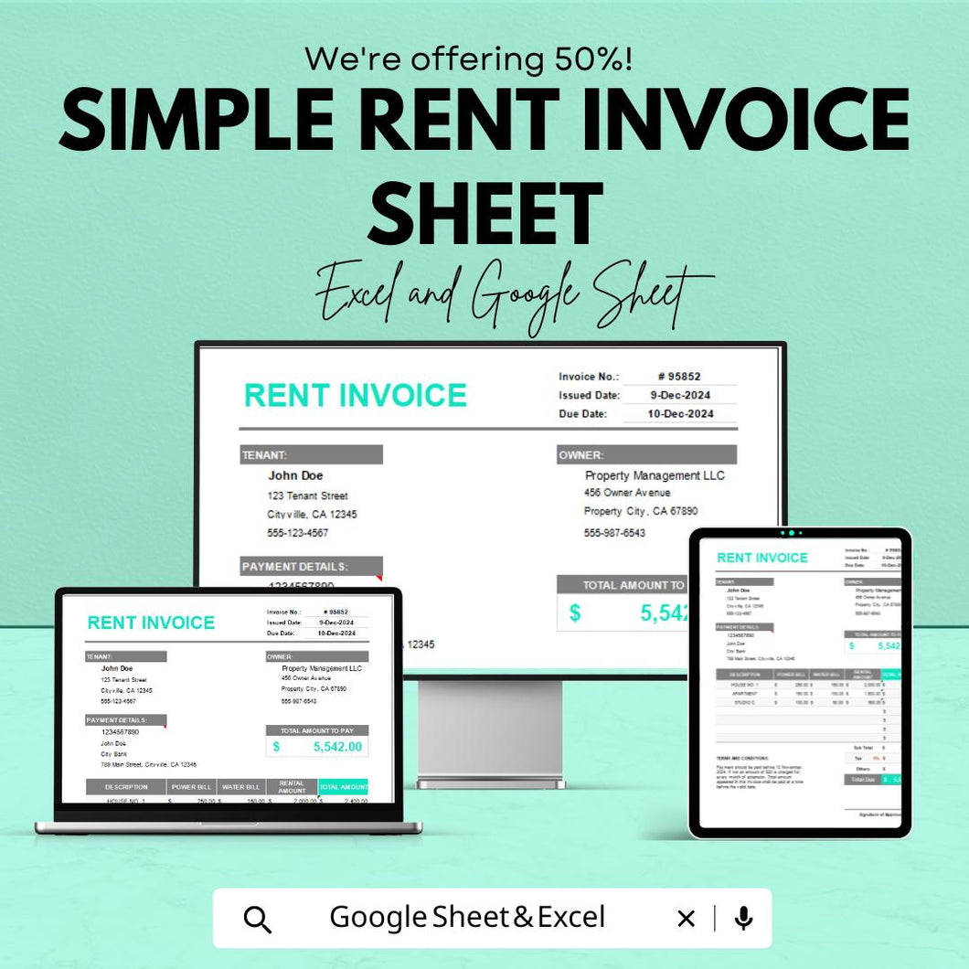 Simple Rent Invoice Sheet | Excel & Google Sheets Template | Rent Billing Template