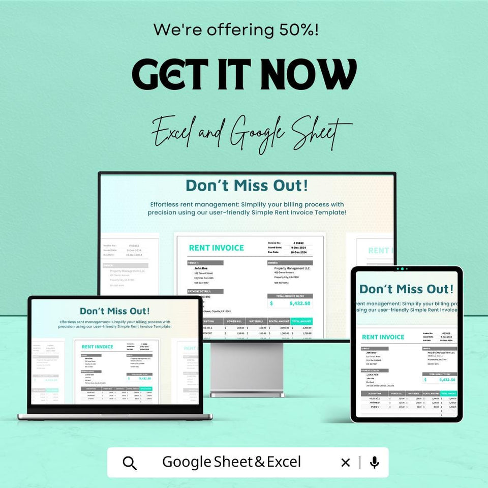 Simple Rent Invoice Sheet | Excel & Google Sheets Template | Rent Billing Template