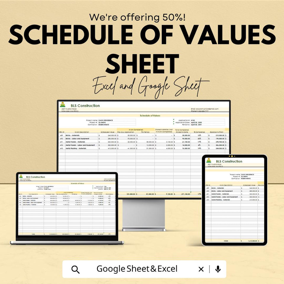 Schedule of Values Sheet | Excel & Google Sheets Template | Construction Project Cost Tracker