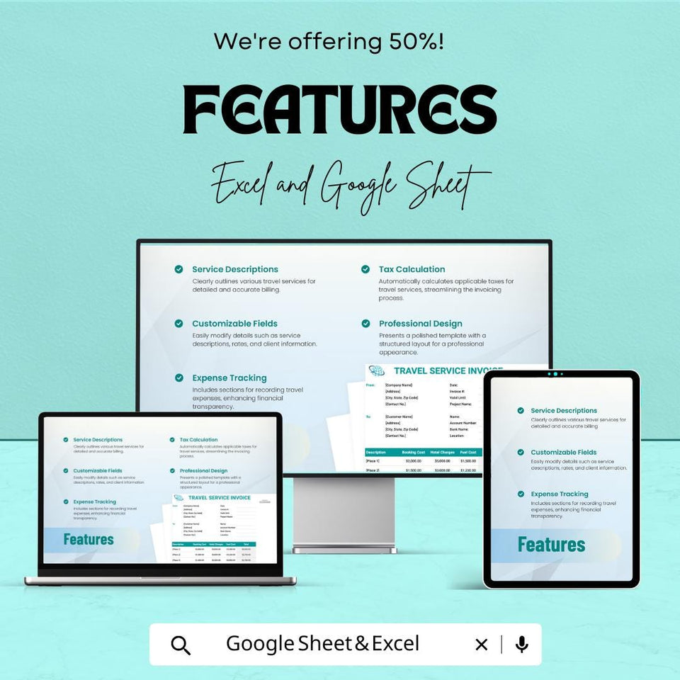 Sample Travel Service Invoice Sheet | Excel & Google Sheets Template | Travel Billing Template for Service Providers