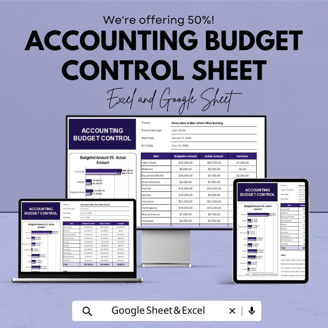 Accounting Budget Control Sheet – Excel and Google Sheet Template for Budgeting, Financial Management & Expense Tracking