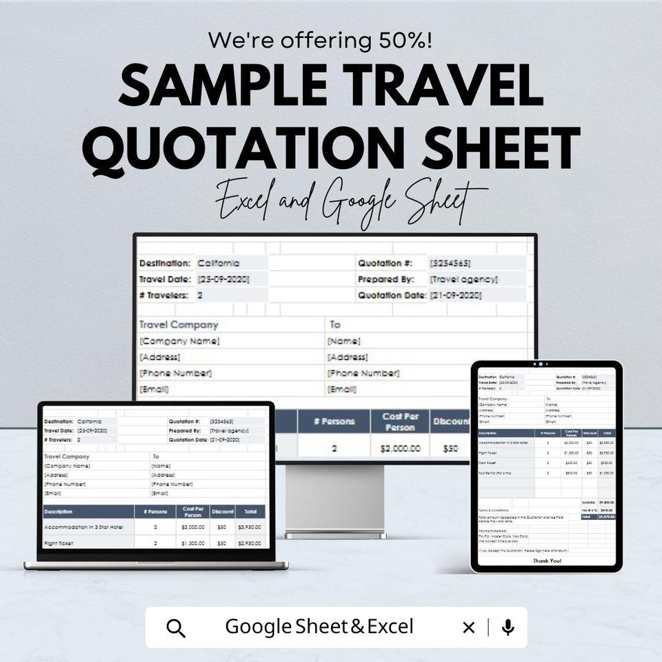 Sample Travel Quotation Sheet – Customizable Excel & Google Sheets Template for Travel Pricing and Booking – 50% OFF