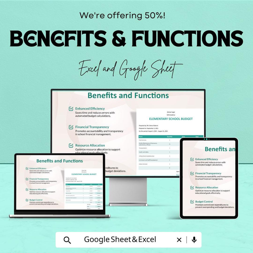 Sample Elementary School Budget Sheet - Excel and Google Sheets Template | Track School Expenses & Financials | 50% Off