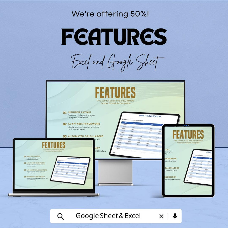 Middle School Schedule Sheet | Weekly Planner | Excel & Google Sheets Template
