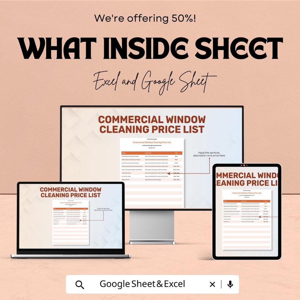 Commercial Window Cleaning Price List Sheet | Excel & Google Sheets Template | Pricing Guide for Cleaners