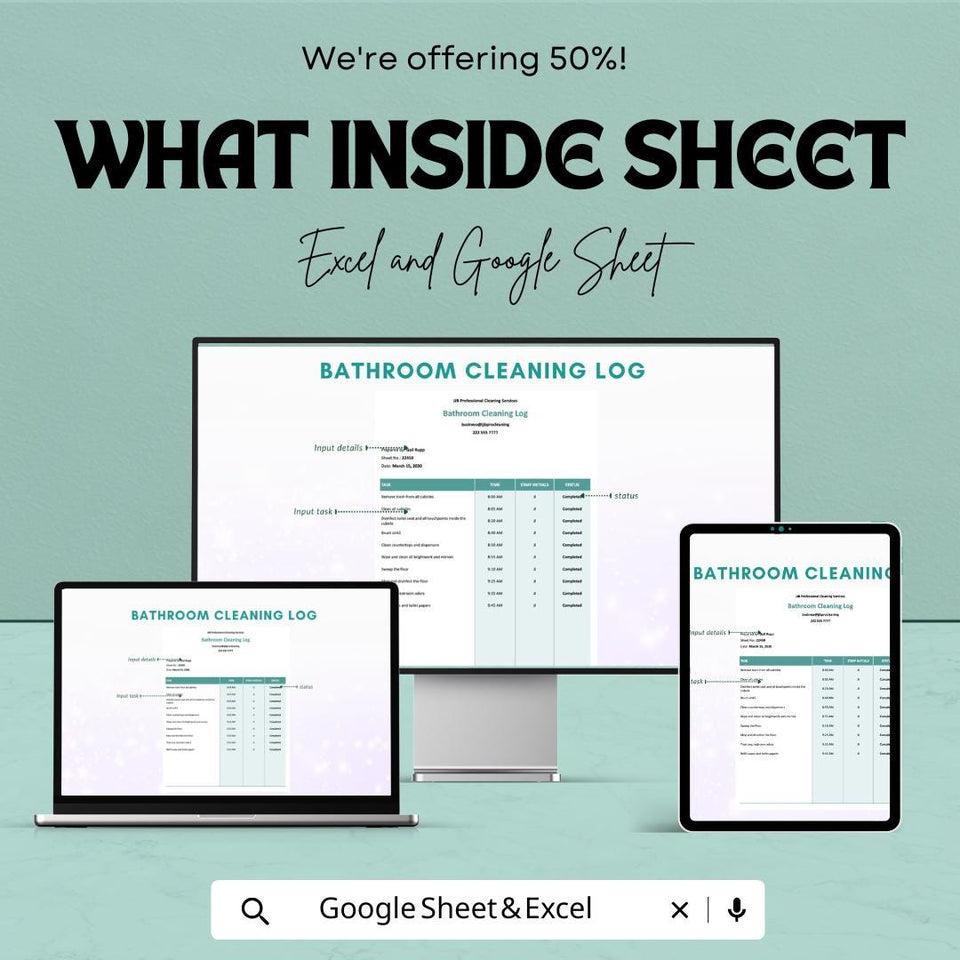 Bathroom Cleaning Log Sheet | Excel & Google Sheets Template | Hygiene Maintenance Tracker