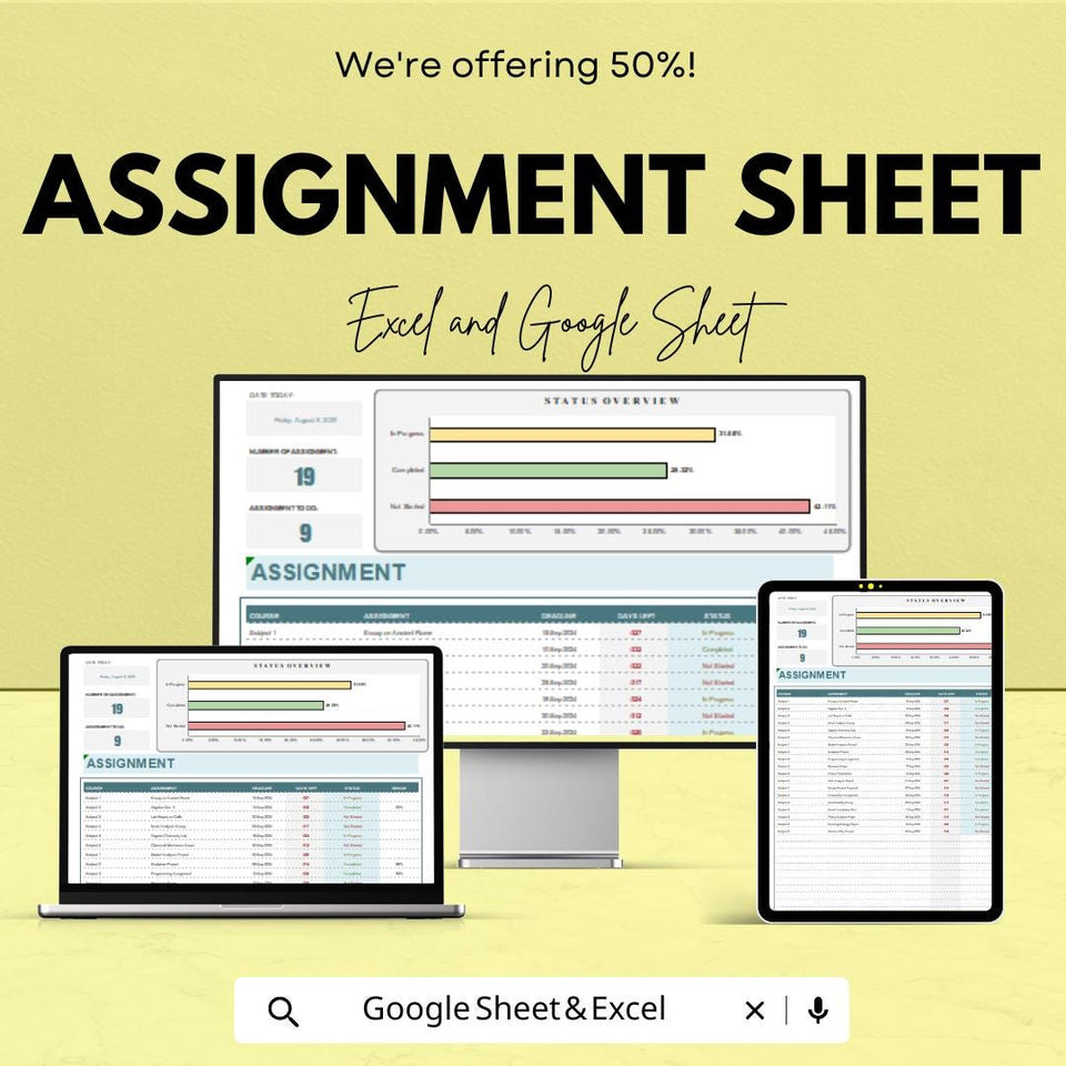 Assignment Sheet Template | Excel & Google Sheets | Task Tracker for Students | 2025 Academic Planner