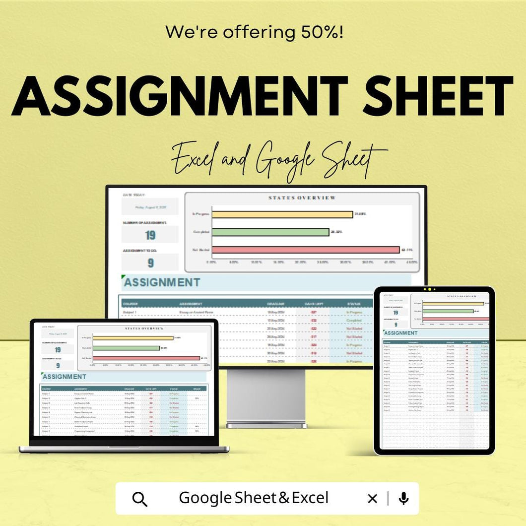 Assignment Sheet Template | Excel & Google Sheets | Task Tracker for Students | 2025 Academic Planner