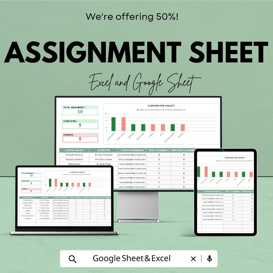 Assignment Tracker Sheet | Excel & Google Sheet | Task and Deadline Management Template