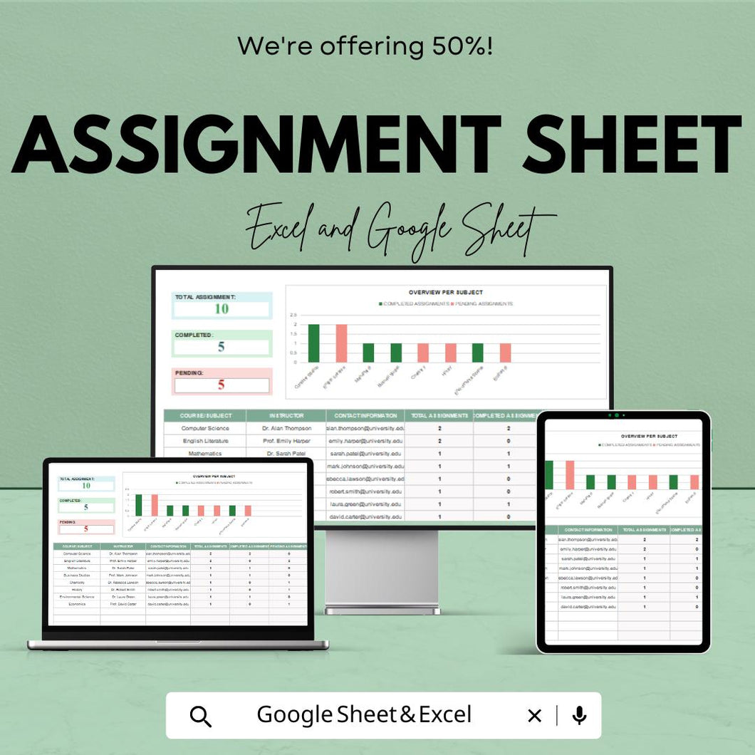 Assignment Tracker Sheet | Excel & Google Sheet | Task and Deadline Management Template